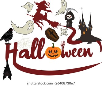 Halloween Font Calligraphy With Ghost Witch Grim Reaper Vector