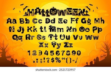 Fuente de Halloween, tipo malvado de la historieta, tipografía aterradora divertida, alfabeto espeluznante de letras y números del monstruo de Halloween. Vector tipografía fuente de fantasma de Halloween, calabaza, murciélago y momia abc personajes