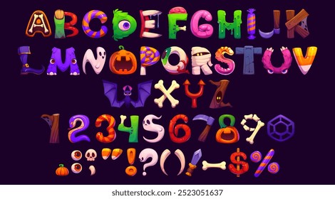 Fonte de Halloween, tipo de desenho animado, tipo de letra assustador engraçado, assustador alfabeto de letras e números monstro Helloween. Fonte de tipografia vetorial dos caracteres fantasma, abóbora, morcego e múmia do Halloween