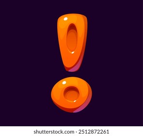 Fuente de Halloween, símbolo de exclamación de dibujos animados como un caramelo brillante naranja. Tipo malvado, tipo de letra aterrador divertido, símbolo de puntuación de alfabeto espeluznante. Aislado Vector truco o tratamiento tipografía abc signo de glifo