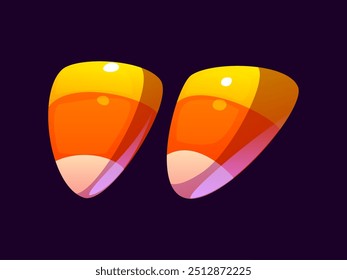 Halloween font, cartoon quote punctuation symbol in shape of candy corn grains. Evil type, funny scary typeface, spooky alphabet sign. Isolated vector abc typography glyph, sweet striped corn kernels