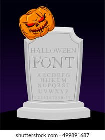 Halloween font. Carved alphabet. Letters on tombstone. sepulchral tomb lettring. Pumpkin and grave. RIP Alphabet
