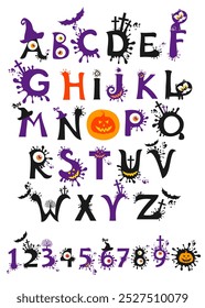 Halloween font. Decorative scary style alphabet, Halloween theme font. Handwritten script for holiday party celebration and crafty design. Vector with hand-drawn lettering. Vector Illustration