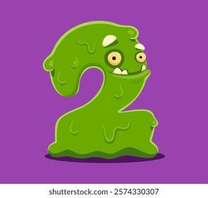 Halloween font digit 2 two spooky monster character. Crazy fantasy creature math typeface figure or number, arabic numeral symbol slime monster vector personage or silly Halloween creature digit