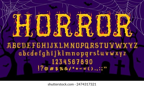 Fuente de Halloween, tipo de horror. Vector espeluznante, inspirado en la llama tipografía, letras mayúsculas y minúsculas, números y símbolos en el fondo púrpura oscuro con telarañas, cementerio de la noche y siluetas de murciélagos