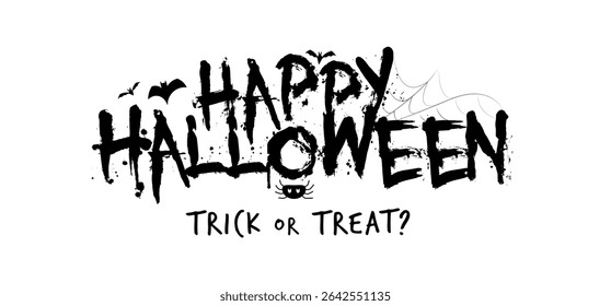 Halloween Font with Ink Splash Letters, Flying Bats, Spider and Web for Trick or Treat Lettering, October Logo, Horror Party Print, Kids Craft Design, and Fun Holiday Headlines. Vector Illustration.