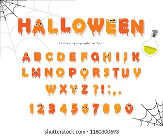 Halloween Font For Kids. Pumpkin Orange Letters And Numbers. Vector