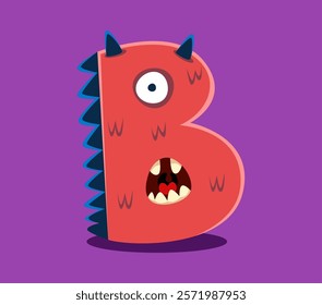 Halloween font letter B cute monster character. Spooky horror creature English typeset symbol, crazy Halloween one eyed monster vector alphabet letter or bizarre fantasy beast ABC font element