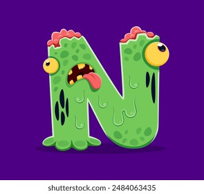 Halloween font, letter N as cartoon zombie slime character for horror alphabet, vector ABC. Halloween holiday font type or kids spooky typeface of letter N as zombie monster with brain for typography