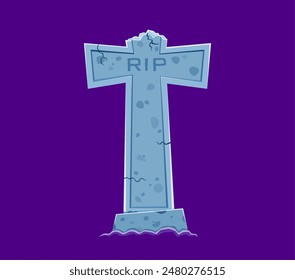 Fuente de Halloween, letra T tombstone RIP en cementerio , Vector horror tipo alfabeto de dibujos animados. Fuente de Halloween para los niños espeluznante ABC letra T en forma de tumba cruzada en el cementerio para la noche de monstruos zombis