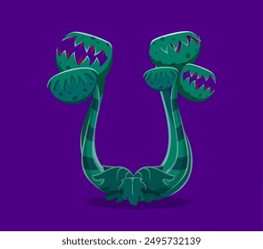 Halloween font, letter U monster plant with teeth, vector cartoon horror alphabet type. Halloween font or kids spooky monster plant in shape of letter U, creepy carnivorous flower in typeface type