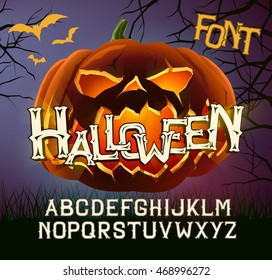 Halloween Font Letters, Poster With Evil Pumpkin.