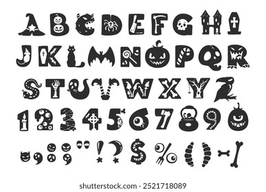 Halloween font mystery type, horror alphabet typeface vector typography set with spooky holiday monsters silhouettes. Spooky alphabet letters and numbers with Halloween pumpkin, bats, ghosts, zombie