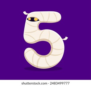 Halloween font number 5 as mummy monster for horror alphabet, vector cartoon type character. Halloween holiday ABC font and spooky typeface of number Five in shape of creepy mummy zombie