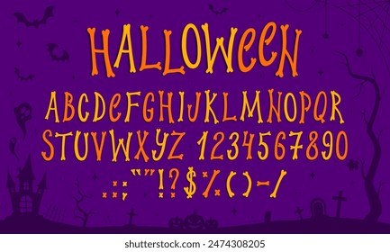 Fuente de Halloween, tipo de huesos de miedo, tipo de letra de vacaciones, alfabeto espeluznante Inglés en el paisaje de la silueta del cementerio. Halloween temporada de vacaciones ABC huesos letras y dígitos, espeluznante tipografía tipográfica símbolos de Vector