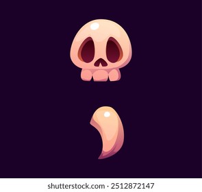 Halloween font, semicolon punctuation symbol, cartoon evil type as human skeleton skull and a tooth, funny scary typeface, spooky alphabet. Isolated vector creepy holiday abc typography sign or glyph