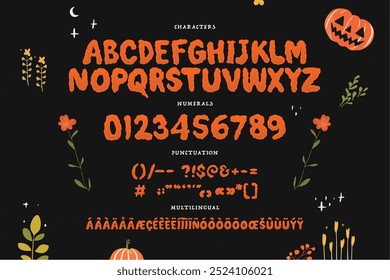 Fuente de Halloween. Tipografía espeluznante, alfabeto espeluznante, letras sucias, números para la fiesta de Navidad. Multilingüe. Vector. 