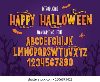 Halloween font. Typography alphabet with colorful spooky and horror illustrations. Handwritten script for holiday party celebration and crafty design. Vector with hand-drawn lettering. svg