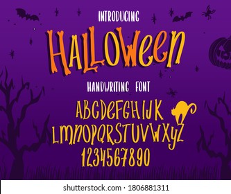 Halloween font. Typography alphabet with colorful spooky and horror illustrations. Handwritten script for holiday party celebration and crafty design. Vector with hand-drawn lettering.