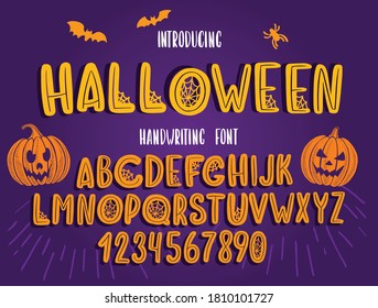 Halloween font. Typography alphabet with colorful spooky and horror illustrations. Handwritten script for holiday party celebration and crafty design. Vector with hand-drawn lettering. svg