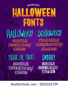 Halloween font. Typography alphabet with colorful spooky and horror illustrations. Handwritten script for holiday party celebration and crafty design. Vector with hand-drawn lettering.