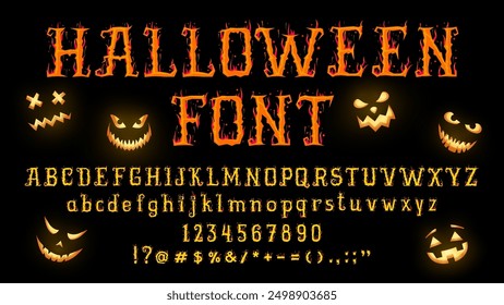 Fuente de Halloween, tipo bruja, tipografía de miedo, alfabeto de Helloween espeluznante con personajes de monstruos de calabaza de horror. Tipografía del Vector de la fuente del fuego del infierno de Halloween, letras del fuego, números y símbolos llameantes