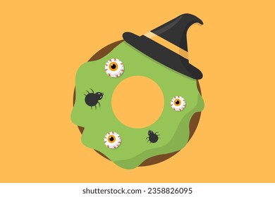 Halloween food and dessert concept. Donut with green sauce with human eyes, hat witch and black spider topping on an orange background. 
