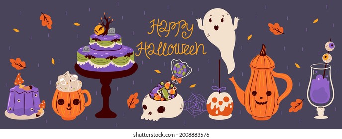 Halloween food and drink banner. Vector graphics.