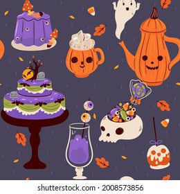 Halloween food and drink seamless pattern. Vector graphics.