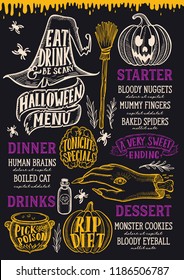 Halloween food menu with holiday decorations on a chalkboard vector illustration brochure for witch, costumes, horror party. Design template with vintage lettering and hand-drawn graphic pumpkin.