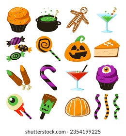 Vector aislado del conjunto de alimentos de Halloween. Dulces dulces, pastelitos. Postres de azúcar para la fiesta de otoño. Poción verde y maría sangrienta. Calabaza, globo ocular como galletas de langosta y de pan de jengibre.