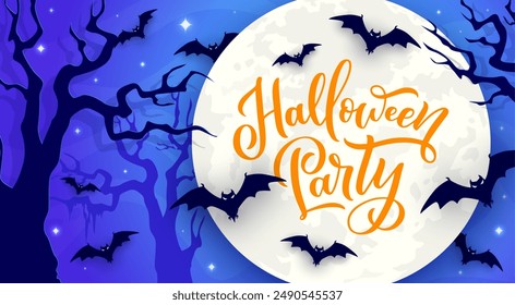 Halloween forest landscape with moon and flock of bats. Happy Halloween party, fall season celebration vector banner or background with scary bats flying at night, full moon and dry trees