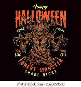 Halloween forest monster colorful design in vintage style with scary tree and inscriptions isolated vector illustration