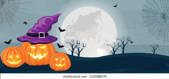 Halloween forest with pumpkins, witch hat and spider web. Full moon on background. Flat style