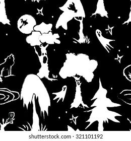 Halloween forest. Vector seamless pattern. White on black. 