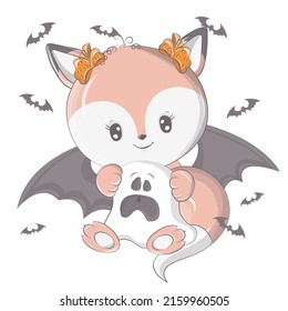 Halloween fox with a ghost. Vector illustration of Halloween animal. Cute little illustration Halloween fox for kids, fairy tales, covers, baby shower, textile t-shirt, baby book.