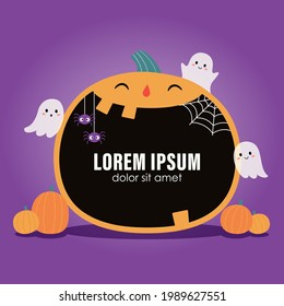 Halloween frame or background  design with cute pumpkin, ghosts, and spiders. Big laughing pumpkin character, floating ghosts, and not creepy spiders on purple background. 