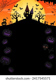 Halloween frame background full moon and mansion silhouette orange vertical (3:4)