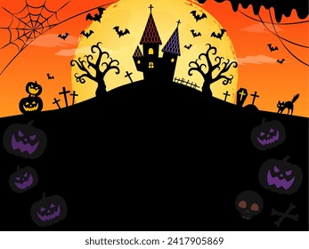 Halloween frame background full moon and mansion silhouette orange