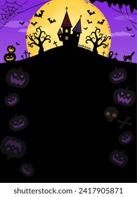 Halloween frame background full moon and mansion silhouette purple vertical (3:4)