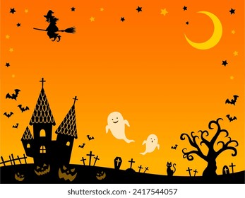 Halloween frame background silhouette ghost and witch orange