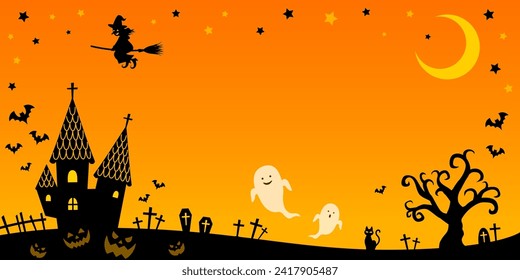 Halloween frame background silhouette ghost and witch orange (2:1)
