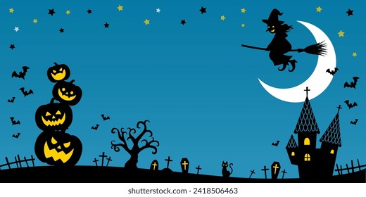 Halloween frame background silhouette pumpkin tower and witch blue（2：1）