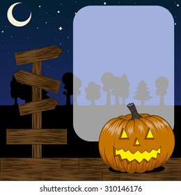 Halloween frame or background for your text - Jack-o-lantern Pumpkin and night landscape.