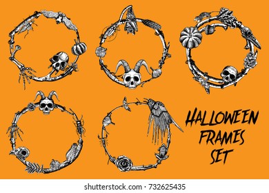 Halloween frame banner set for calligraphy with Scary Halloween hand drawn elements. Card  invitation or greeting Cards set for party celebration. Vector.