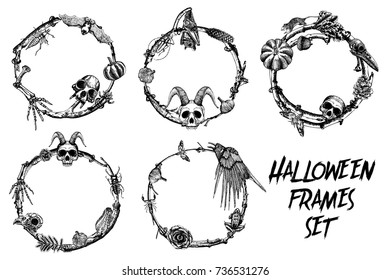 Halloween frame banner set for calligraphy with Scary Halloween hand drawn elements. Card  invitation or greeting Cards set for party celebration. Vector.