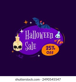 Halloween frame with the bat character, sweets and skull with burning candle on purple blob. Vector sale banner with seasonal discount offer. Save big on eerie delights. Holiday shop promotion ads