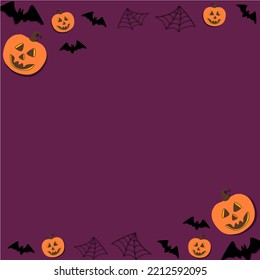 Marco de murciélagos de Halloween, calabazas, telarañas y decoraciones esparcidas por el fondo morado.