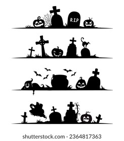 Frontera y divisor de marco de Halloween con siluetas negras de calabazas sonrientes, lápidas, cruces de tumbas, gatos y murciélagos, telarañas, fantasmas y árboles. Elementos de vacaciones decorativos de espeluznante vectorial aislado