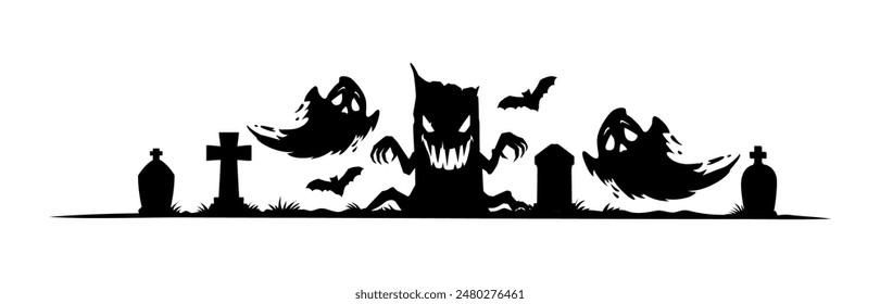 Borde y divisor de marco de Halloween con siluetas espeluznantes negras. Aislados Elementos navideños decorativos de Vector, espeluznantes muñones de monstruo, murciélagos y fantasmas en medio de lápidas de cementerio, encierran un escenario embrujado